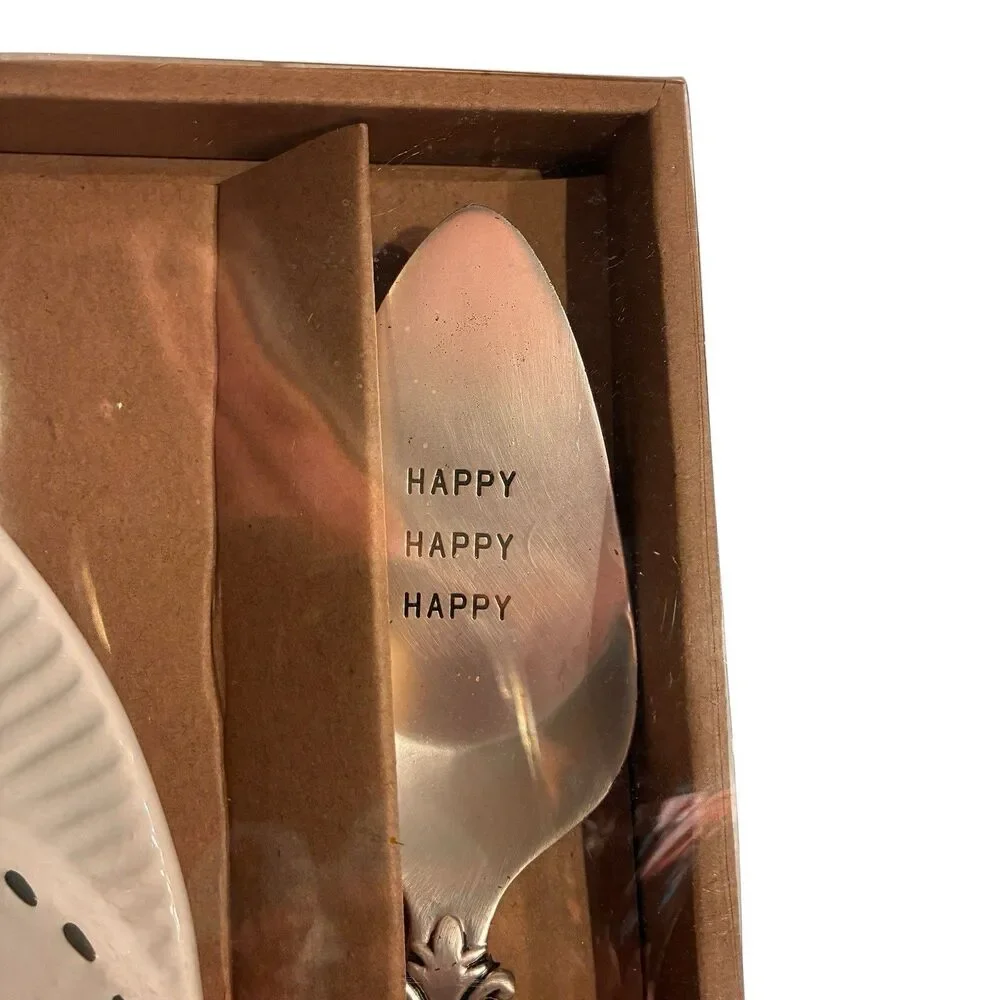 Mud Pie Bunny Ceramic Dessert Plate W/ HAPPY EVERYTHING And Server W/ Happy